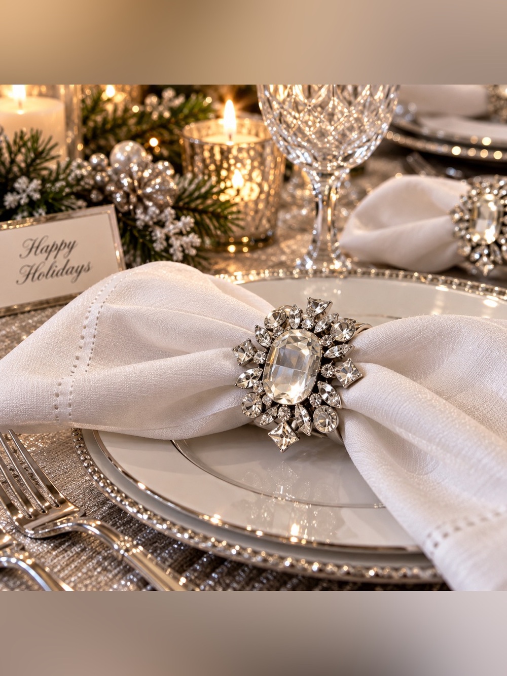 Tahari Home 8 Crystal Napkin Rings Jeweled Bling Snowflake Glam Holiday New